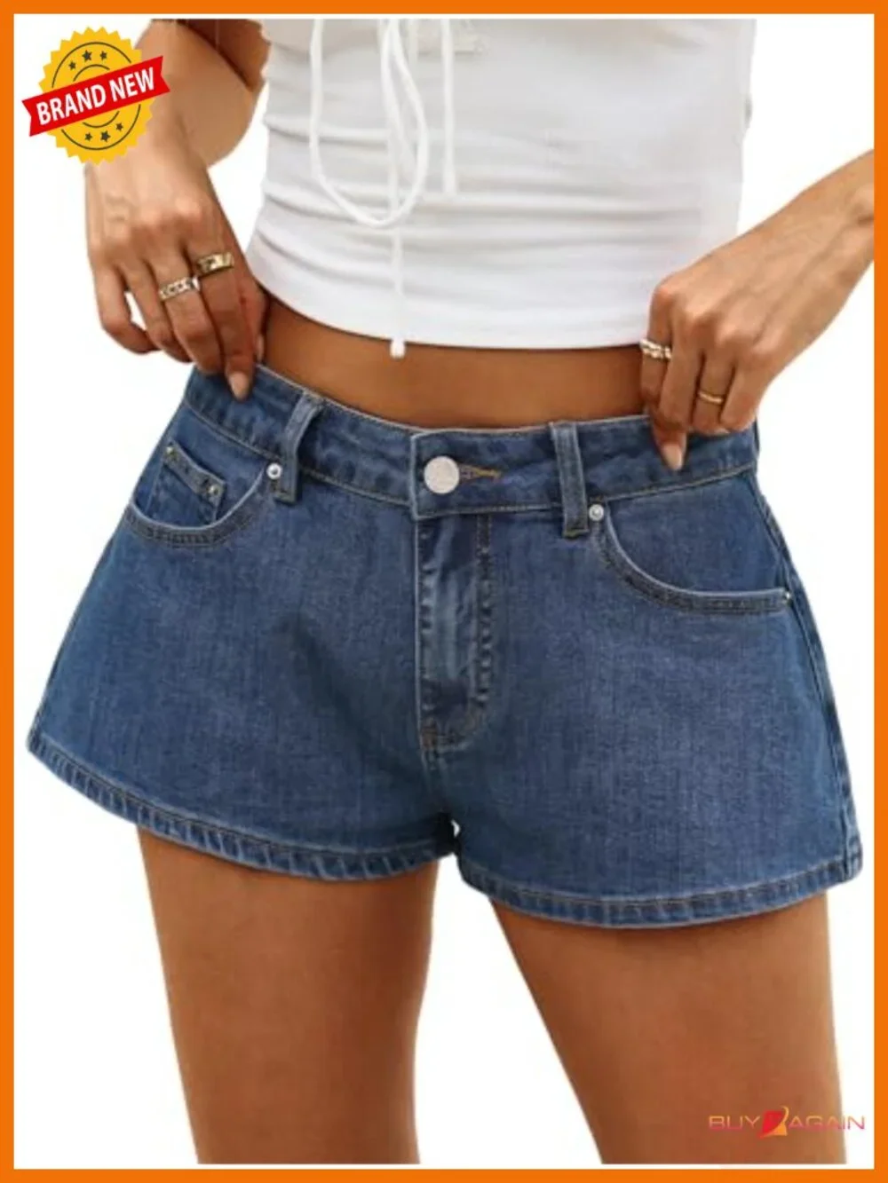 Low Rise Baggy Jean Shorts - High Stretch Denim Mini Jorts with Leather Patch